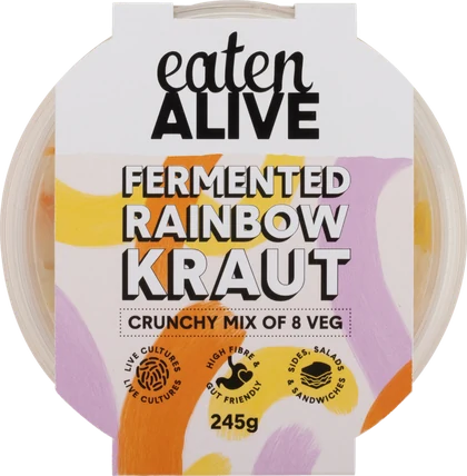 Fermented Rainbow Kraut, 245g tub seen from above