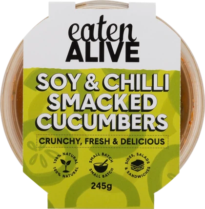 Soy & Chilli Smacked Cucumbers, 245g tub seen from above